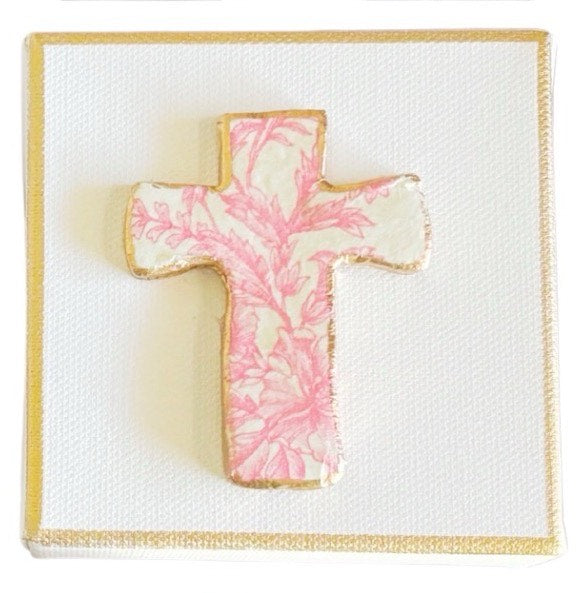 Vintage Pink Toile Design Cross Canvas Art