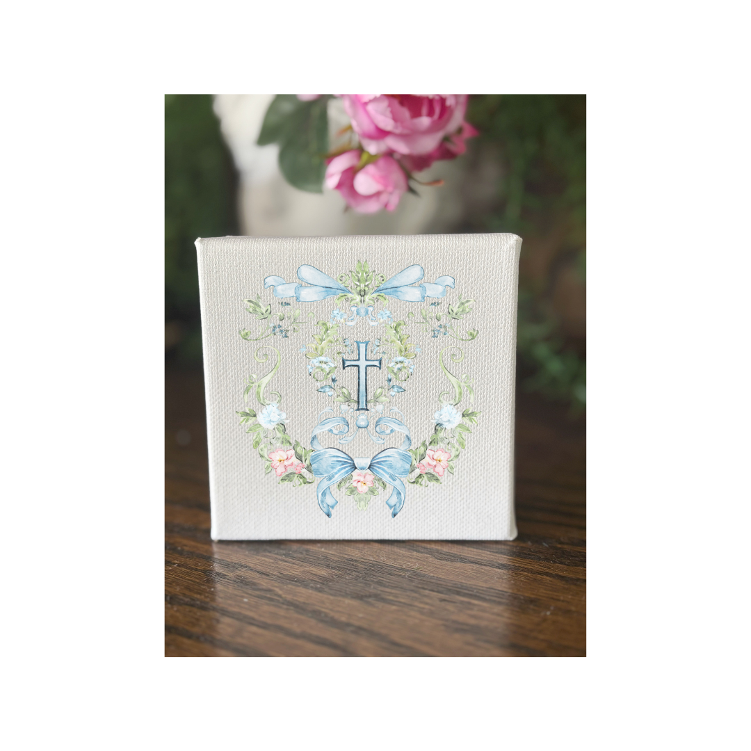 Watercolor Baptism Blue Floral Crest Canvas