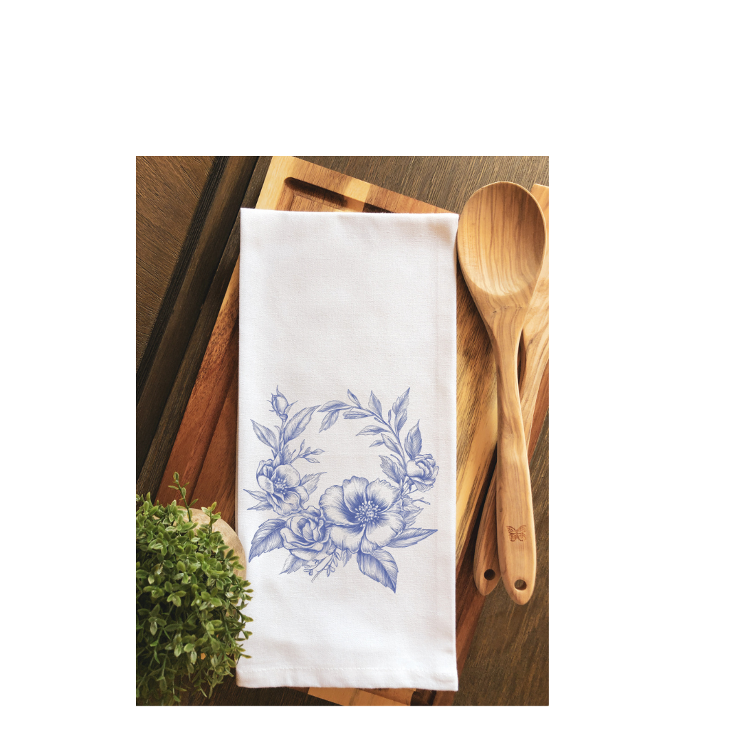 Blue French Floral Wreath Tea Towel ~ Kitchen Towel