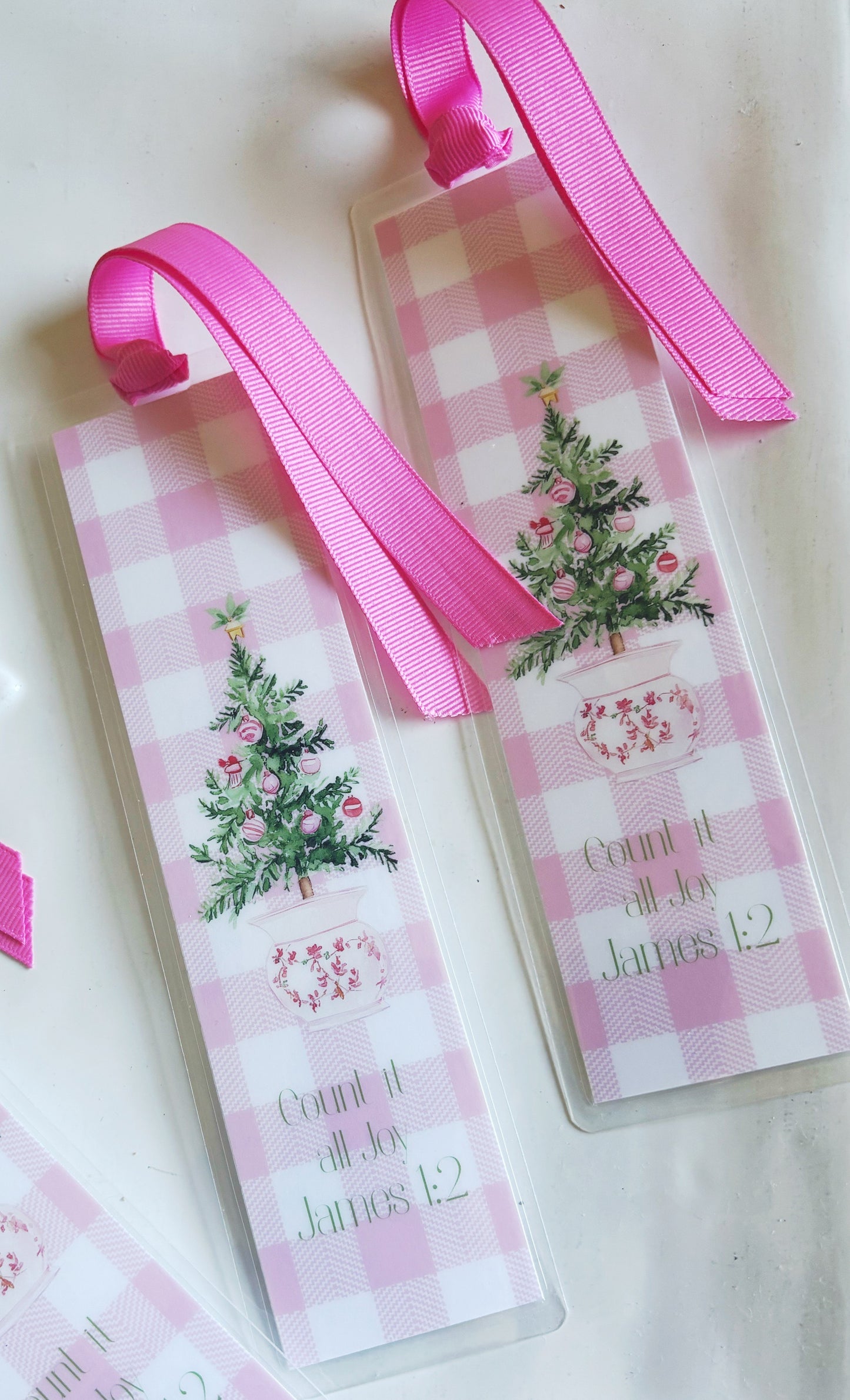 Preppy GIngham Topiary Ginger Jar Christmas Tree Scripture Bookmark
