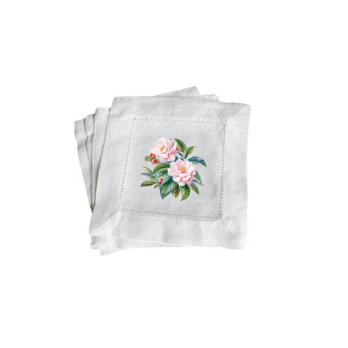 Southern Camellia Hemsitch Linen Cocktail Napkins