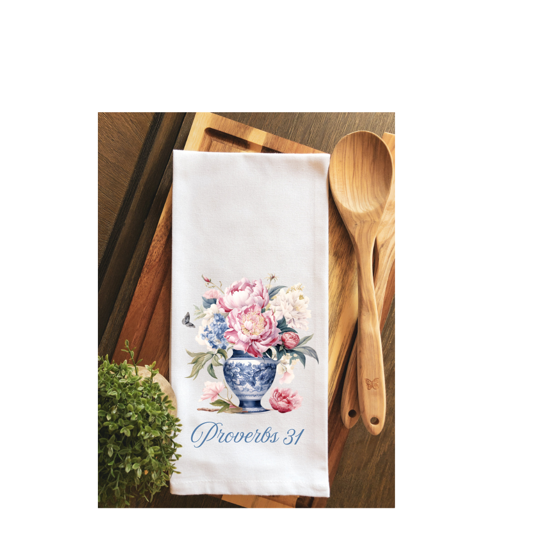 Proverbs 31 Chinoiserie Rose Bouquet Tea Towel