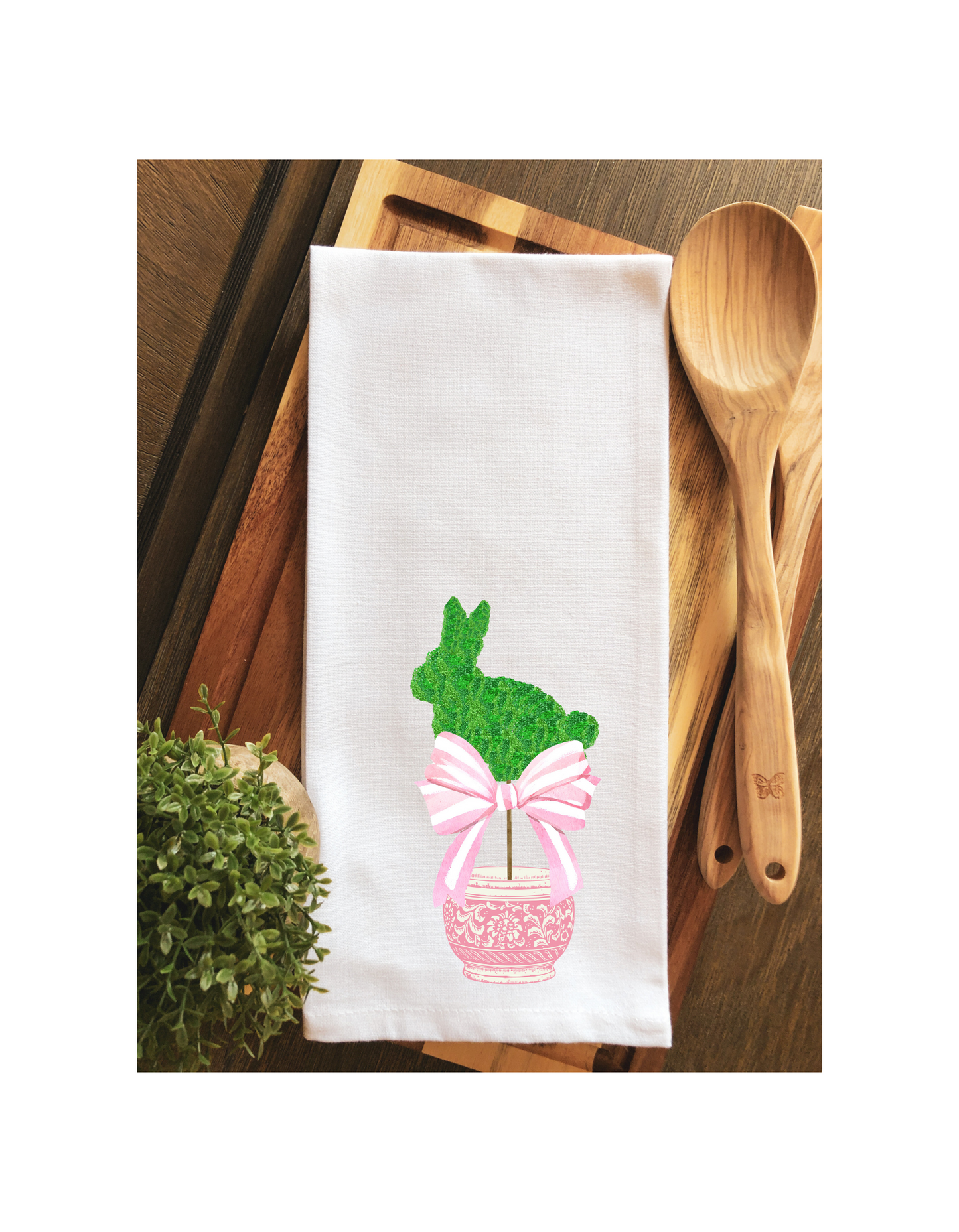 Pink Bunny Topiary Tea Towel