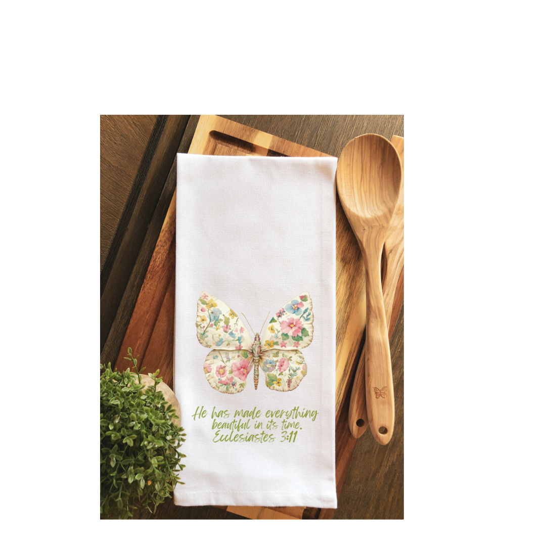 Floral Butterfly Scripture Tea Towel ~ Kitchen Towel