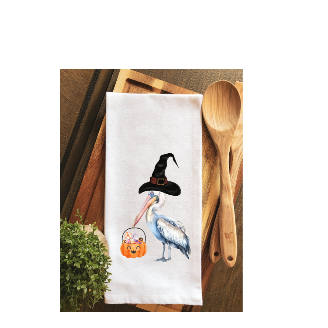 Whimsical Trick or Treat Pelican Tea Towel