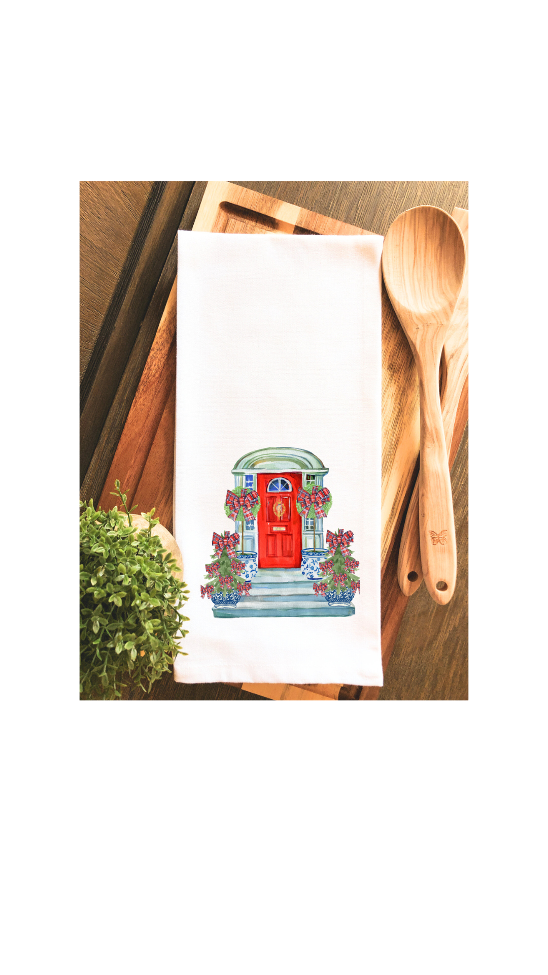 Chinoiserie Christmas Front Porch Tartan Plaid Topiary Tea Towel - Hand Towel