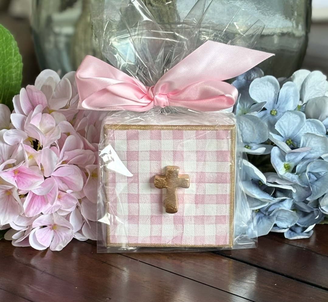 Pink Gingham Hand Brushed Gold Leaf Cross Canvas Art