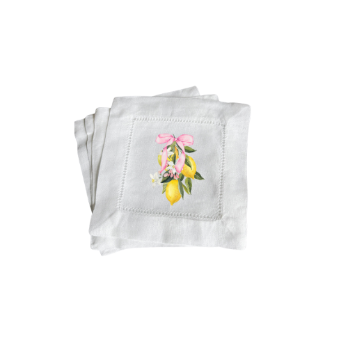Lemon Floral Coquette Swag Linen Hemstitch Napkins
