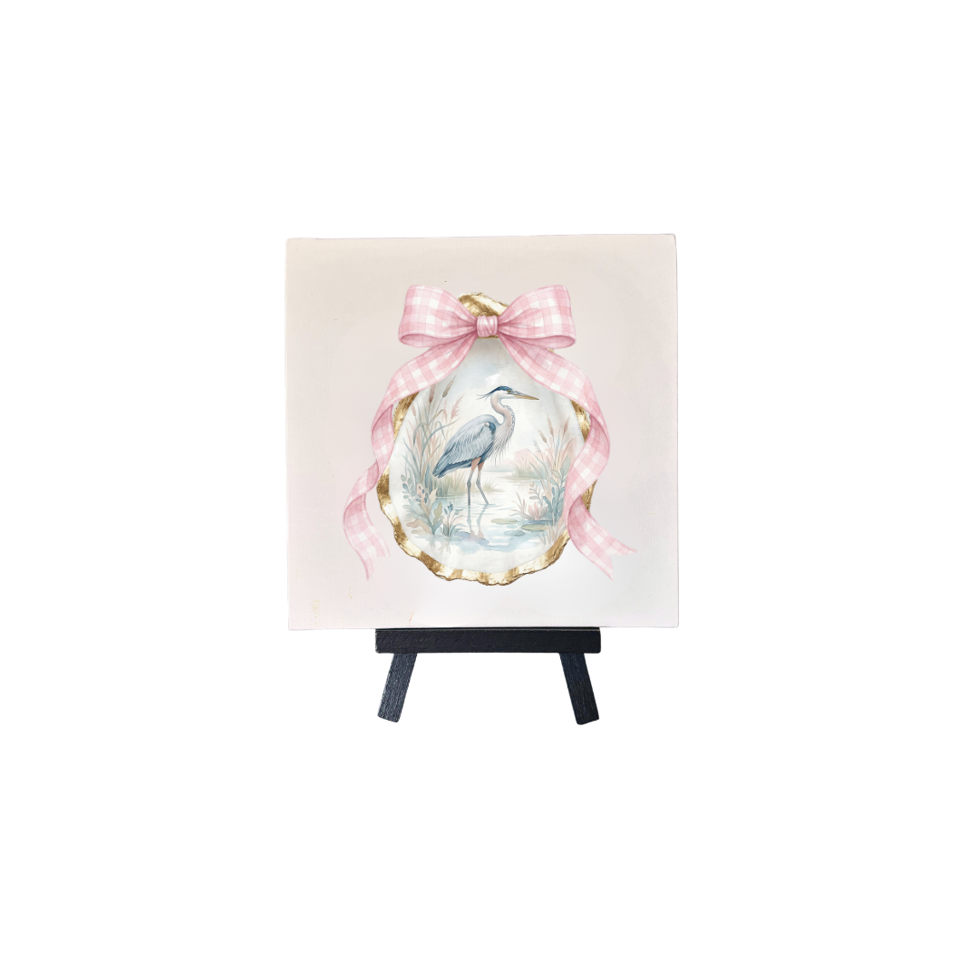 Pink Gingham Heron on Oyster Canvas with Easel