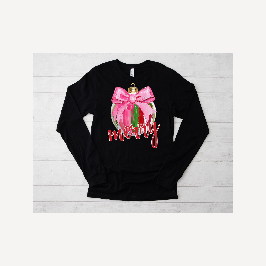 Preppy Pink Brushstrokes Merry Coquette Christmas Ornament Tee