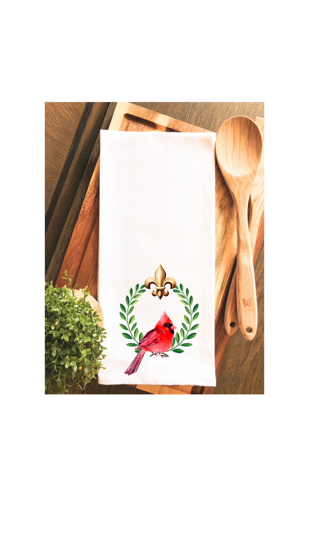 Laurel Wreath Red Cardinal Fleur de Lis Tea Towel - Hand Towel