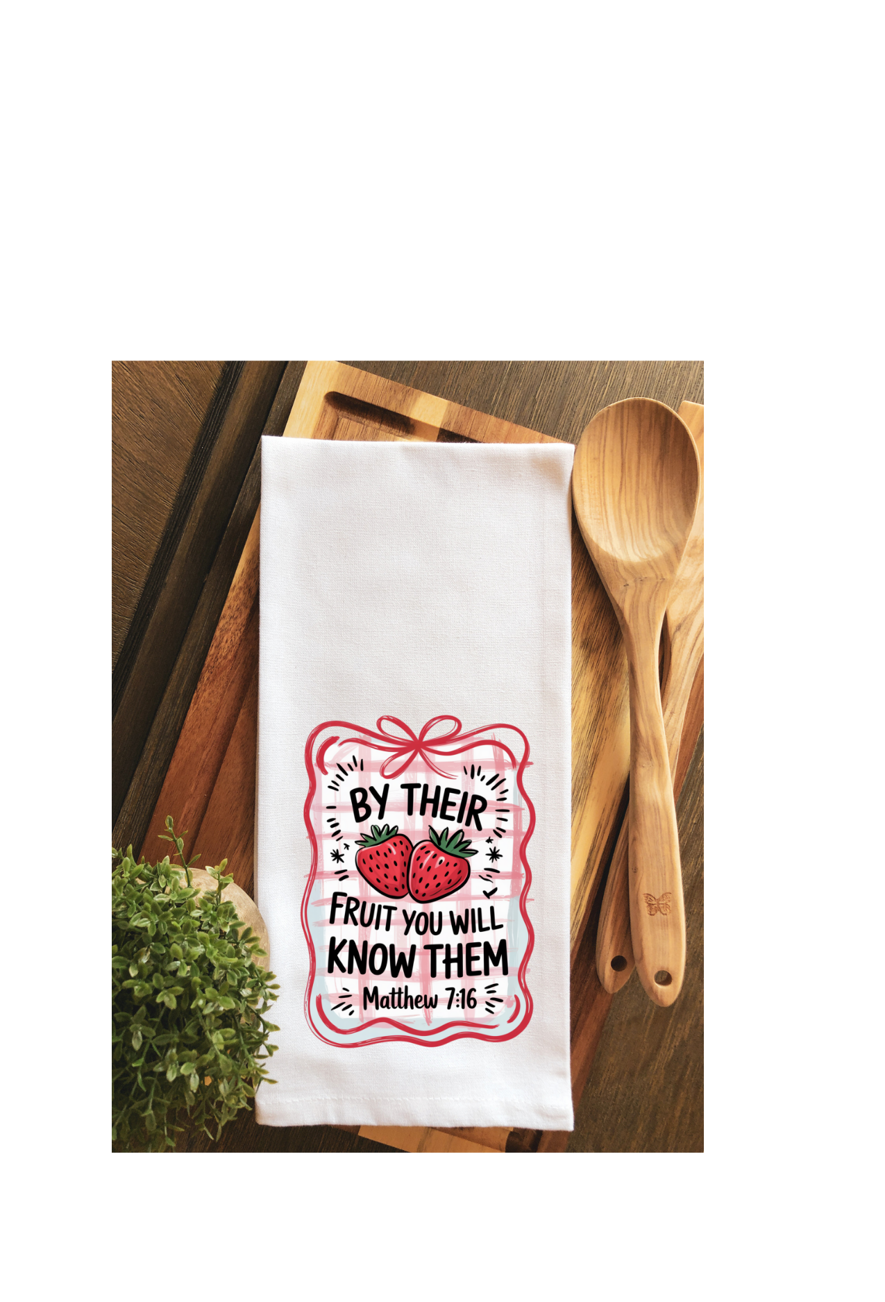 Coquette Strawberry Crest Scripture Tea Towel