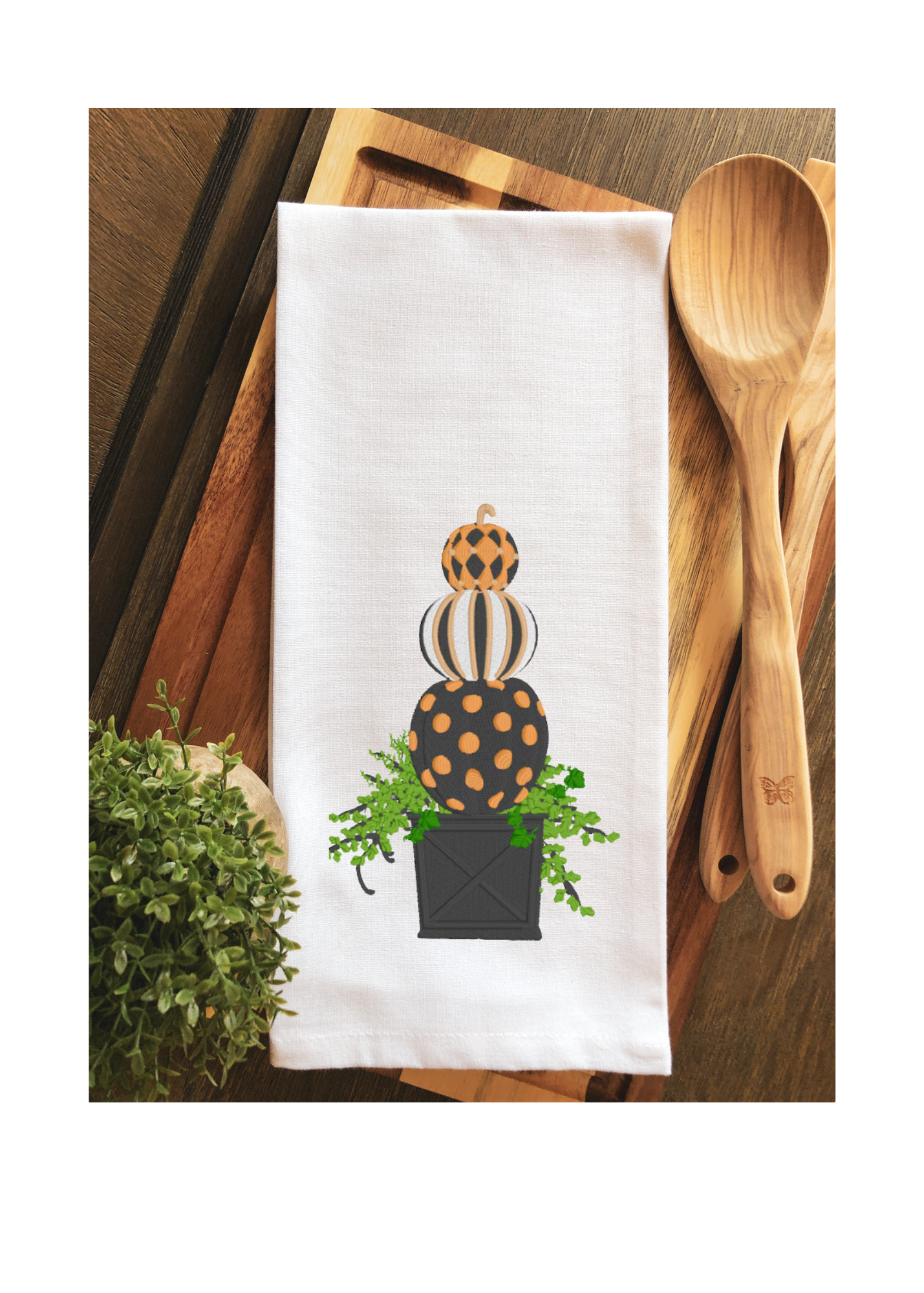 Polka Dot Stripe Pumpkin Topiary Tea Towel ~ Hand Towel