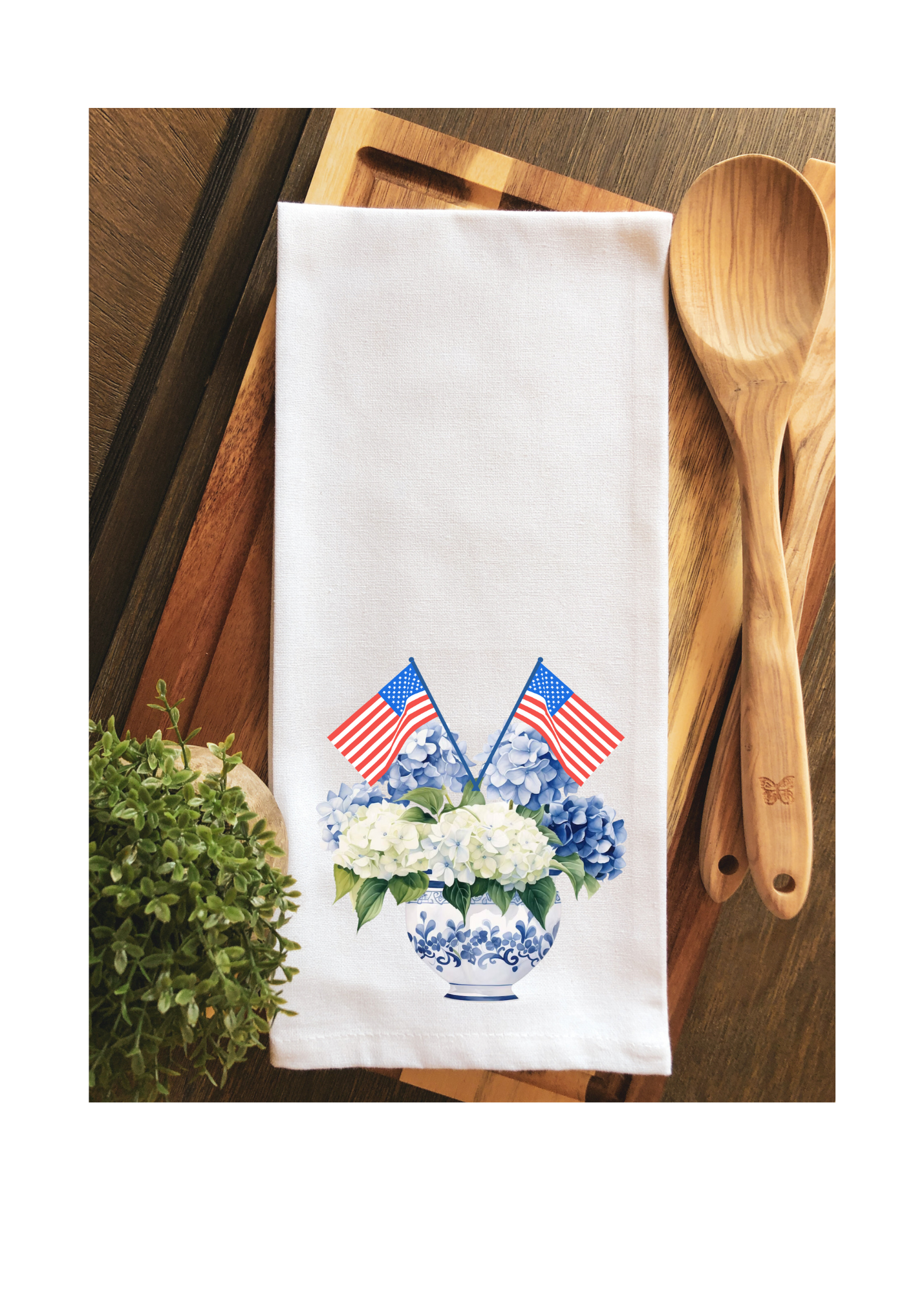 Patriotic Chinoiserie Hydrangea Tea Towel - Hand Towel