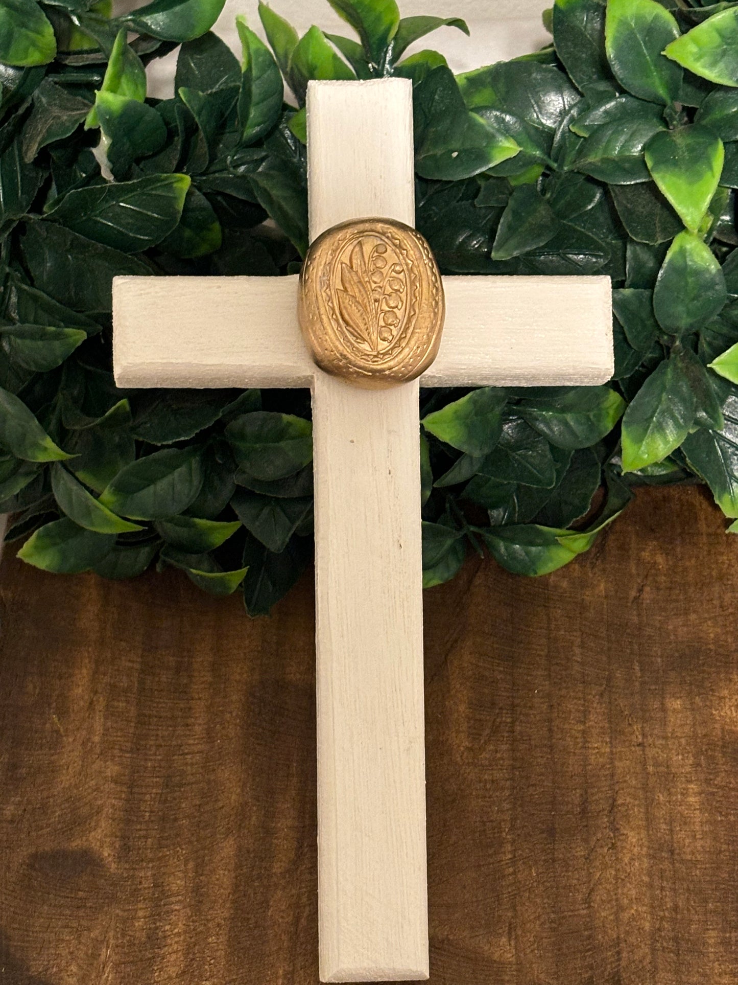 Hand Brushed Gold Leaf Lily of the Valley Intaglio Wooden Cross
