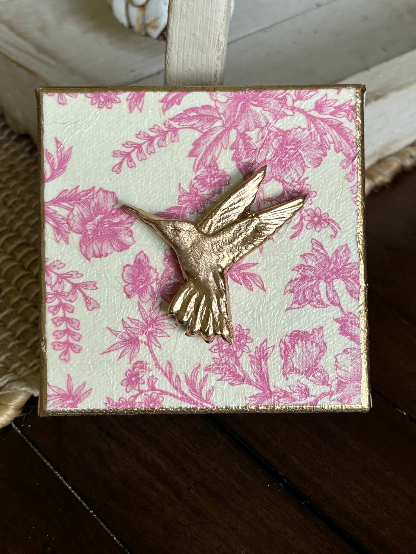 Gold Gilded Hummingbird Vintage Floral Design Canvas Art