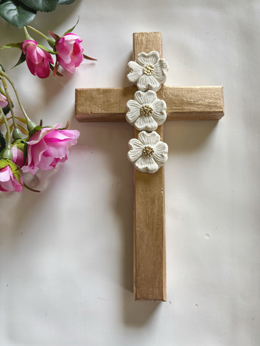 Gold Leaf Gilded Dogwood Flowers Wooden Cross