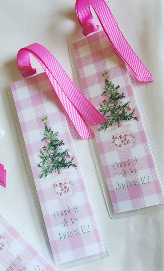 Preppy GIngham Topiary Ginger Jar Christmas Tree Scripture Bookmark
