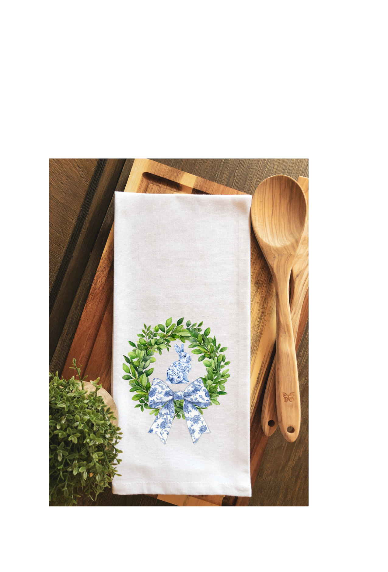 Chinoiserie Coquette Bunny Easter Wreath Tea Towel