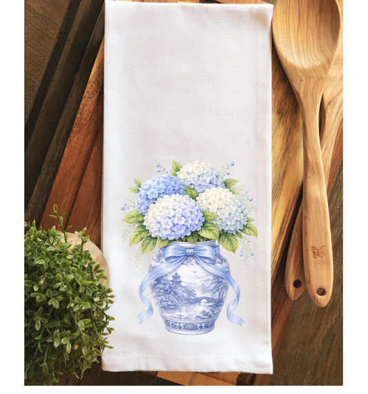 Chinoiserie Grand Millennial Hydrangea Ginger Jar Tea Towel