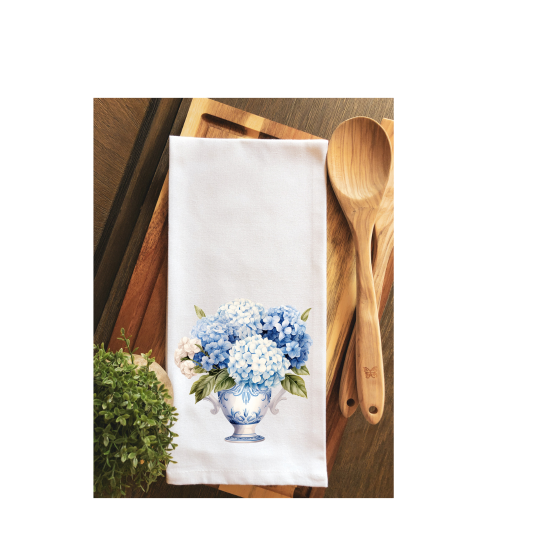 Blue and White Hydrangea Chinoiserie Tea Towel ~ Kitchen Towel