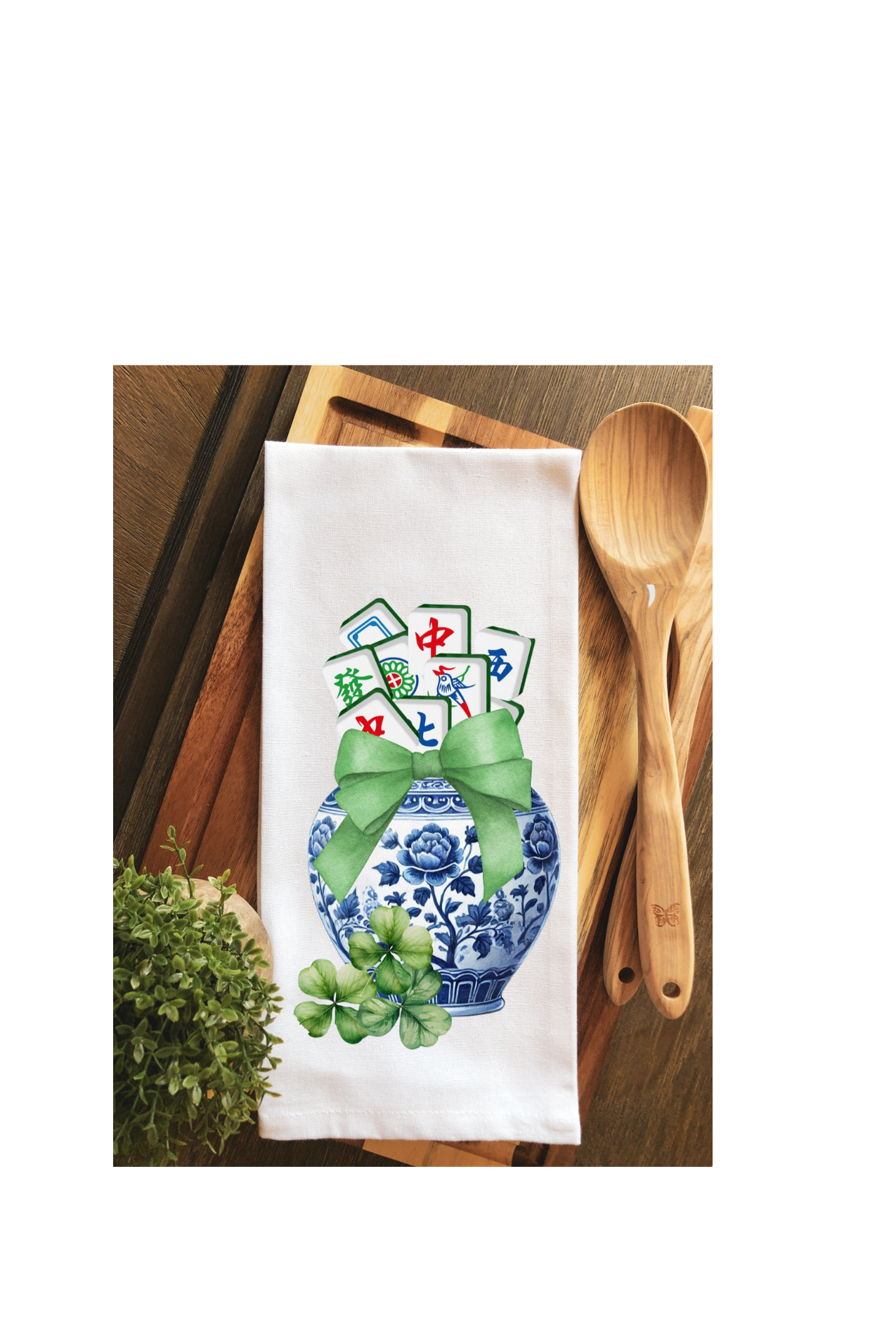 Chinoiserie St. Patricks MAHJONG Ginger Jar Tea Towel