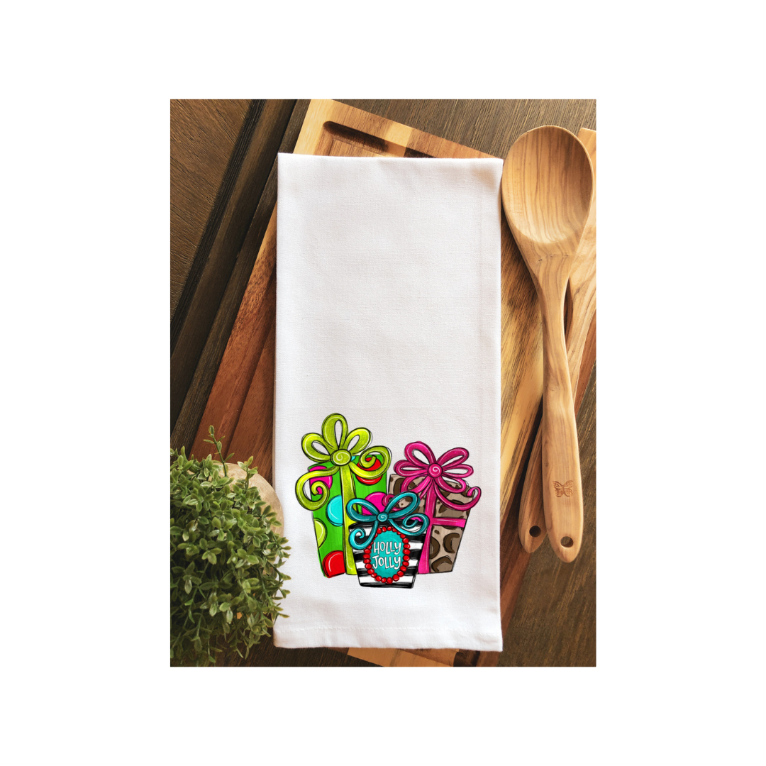 Modern Holly Jolly Christmas Packages Tea Towel - Hand Towel