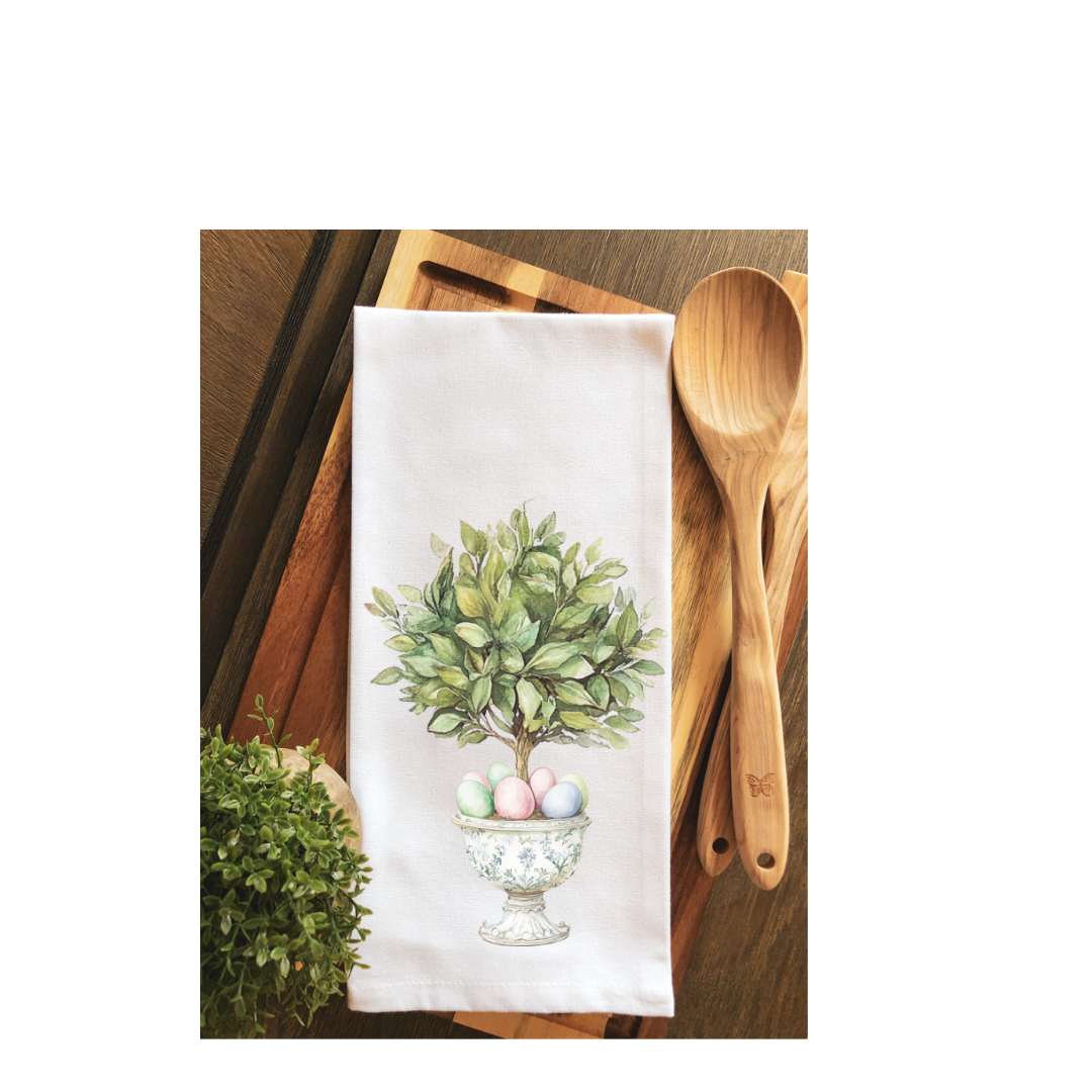 Chinoiserie Boxwood Pink Toile Easter Topiary Tea Towel