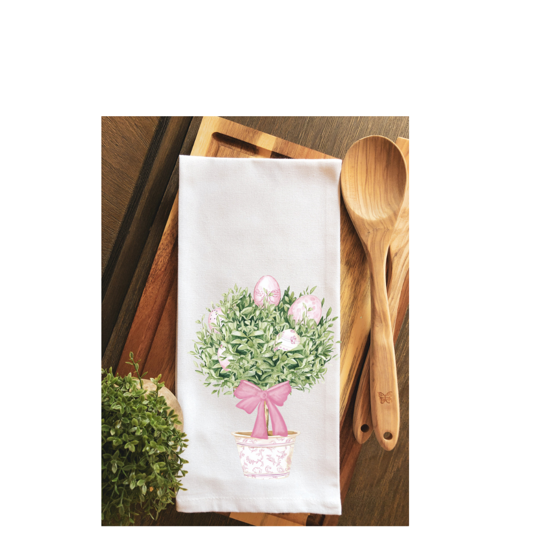 Preppy Pink Chinoiserie Coquette Easter Topiary Tea Towel