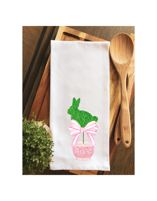 Pink Bunny Topiary Tea Towel