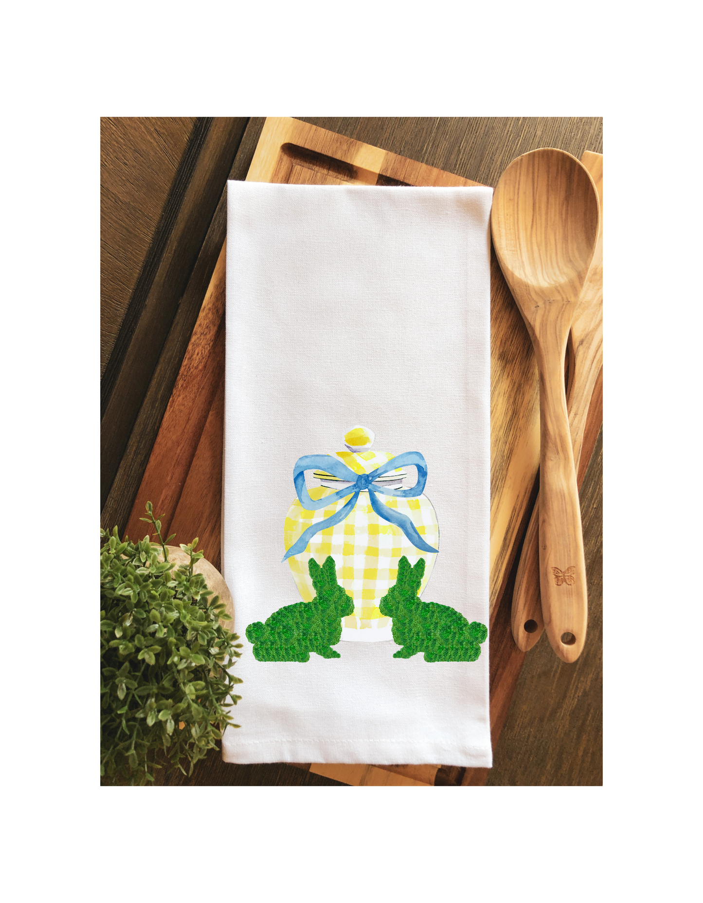 Preppy Gingham Ginger Jar Moss Bunnies Tea Towel