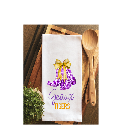 Let's Geaux Tigers Preppy Coquette Cowboy Boot Tea Towel