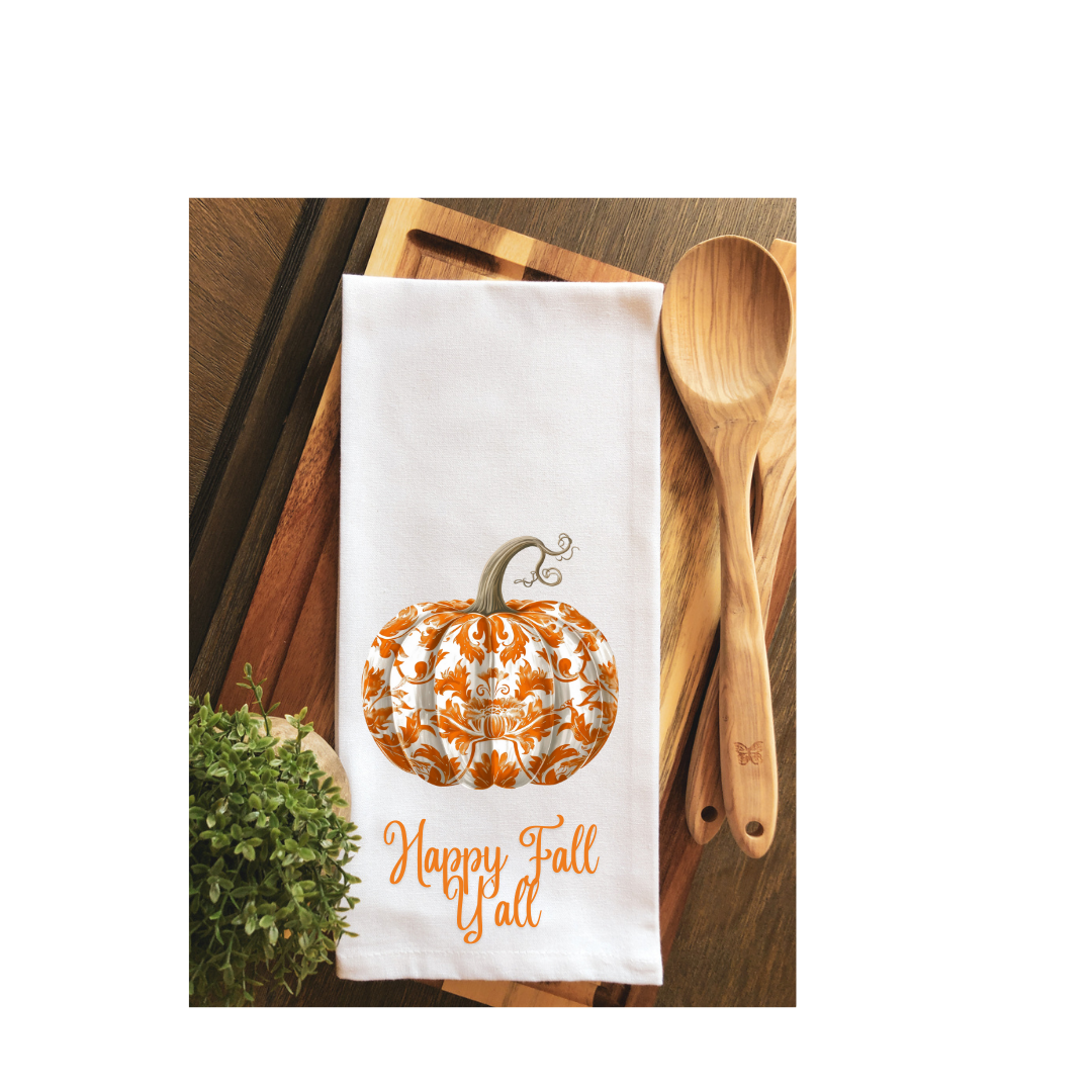 Happy Fall Y'all Toile Pumpkin Tea Towel - Hand Towel