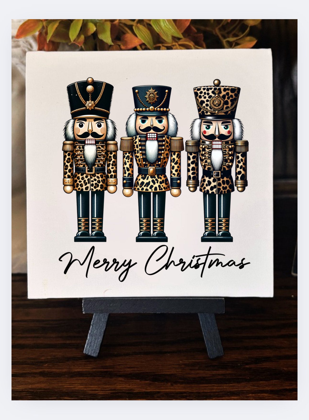 Merry Christmas Leopard Nutcrackers Art on Canvas with Easel