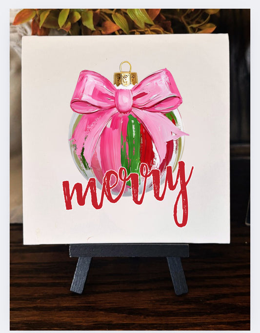 Merry Christmas Bauble Art on Canvas with Easel