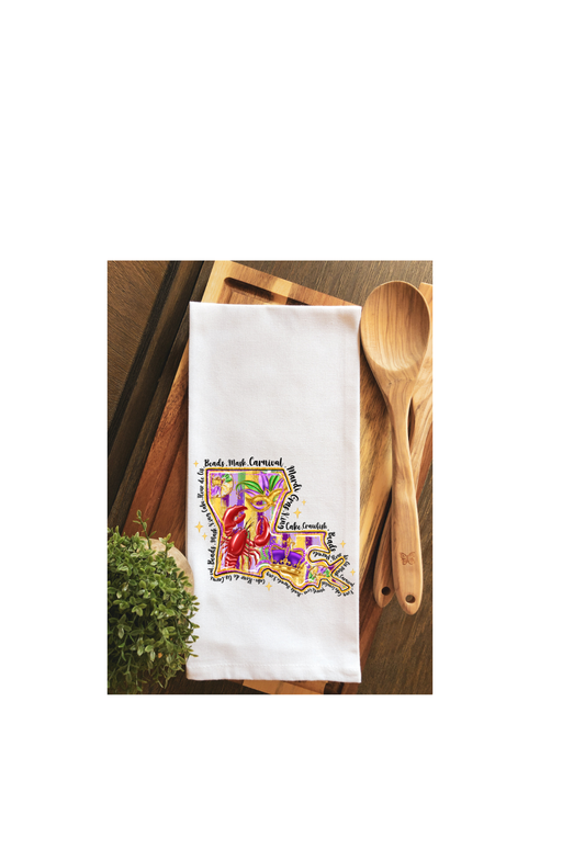 State of Louisiana Mardi Gras Crawfish Tea Towel