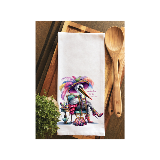 Just Here for the Beads Mardi Gras Fancy Pelican Tea Towel - Kitchen Towel