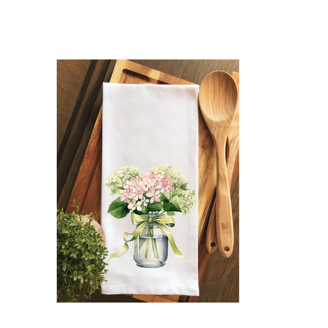 Beautiful Mason Jar Hydrangea Tea Towel ~ Kitchen Towel