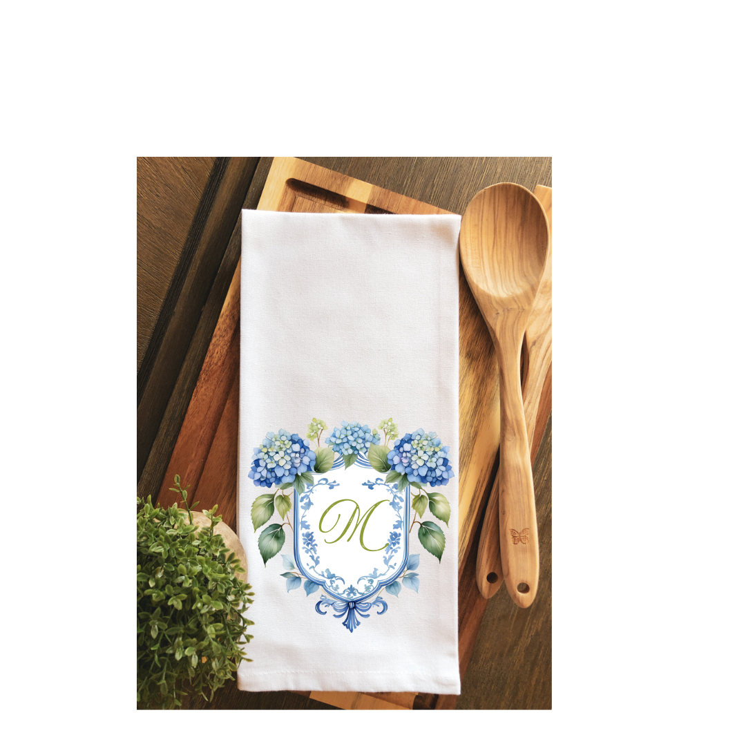 Personalized Hydrangea Crest Tea Towel - Hand Towel
