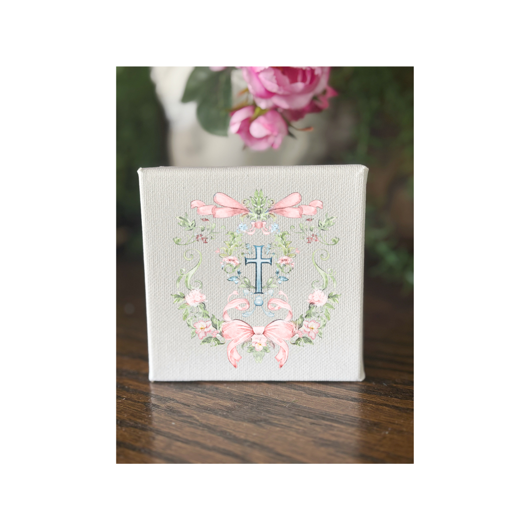 Watercolor Baptism Pink Cross Floral Crest Canvas