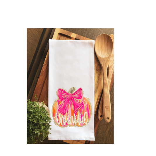 Preppy Pink and Orange Thankful Pumpkin Tea Towel - Hand Towel