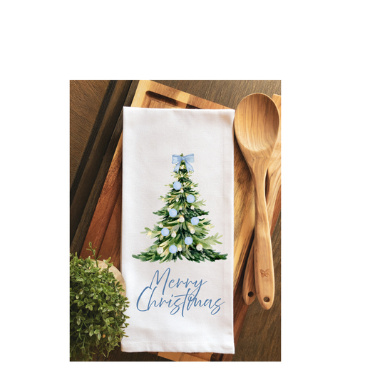 Preppy Blue Coquette Merry Christmas Tea Towel