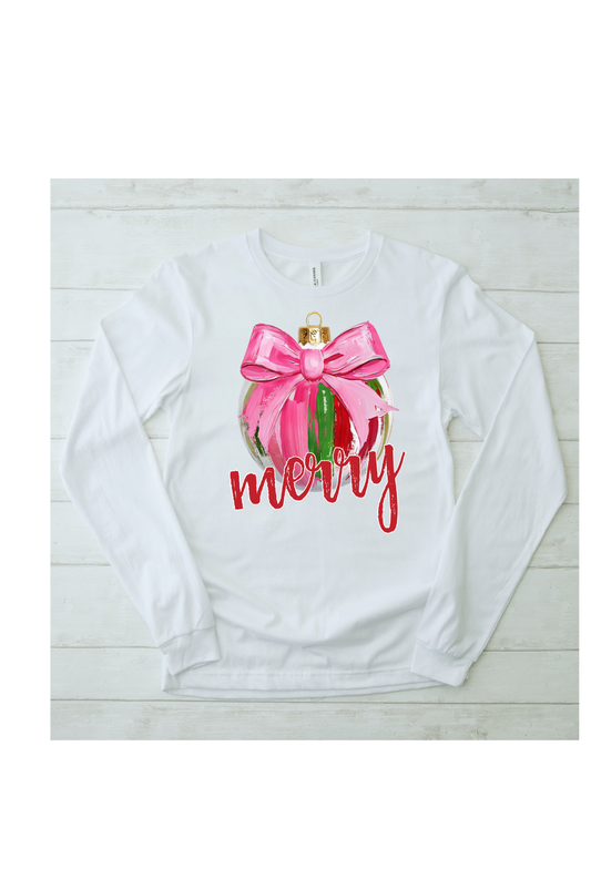 Preppy Pink Brushstrokes Merry Coquette Christmas Ornament Tee