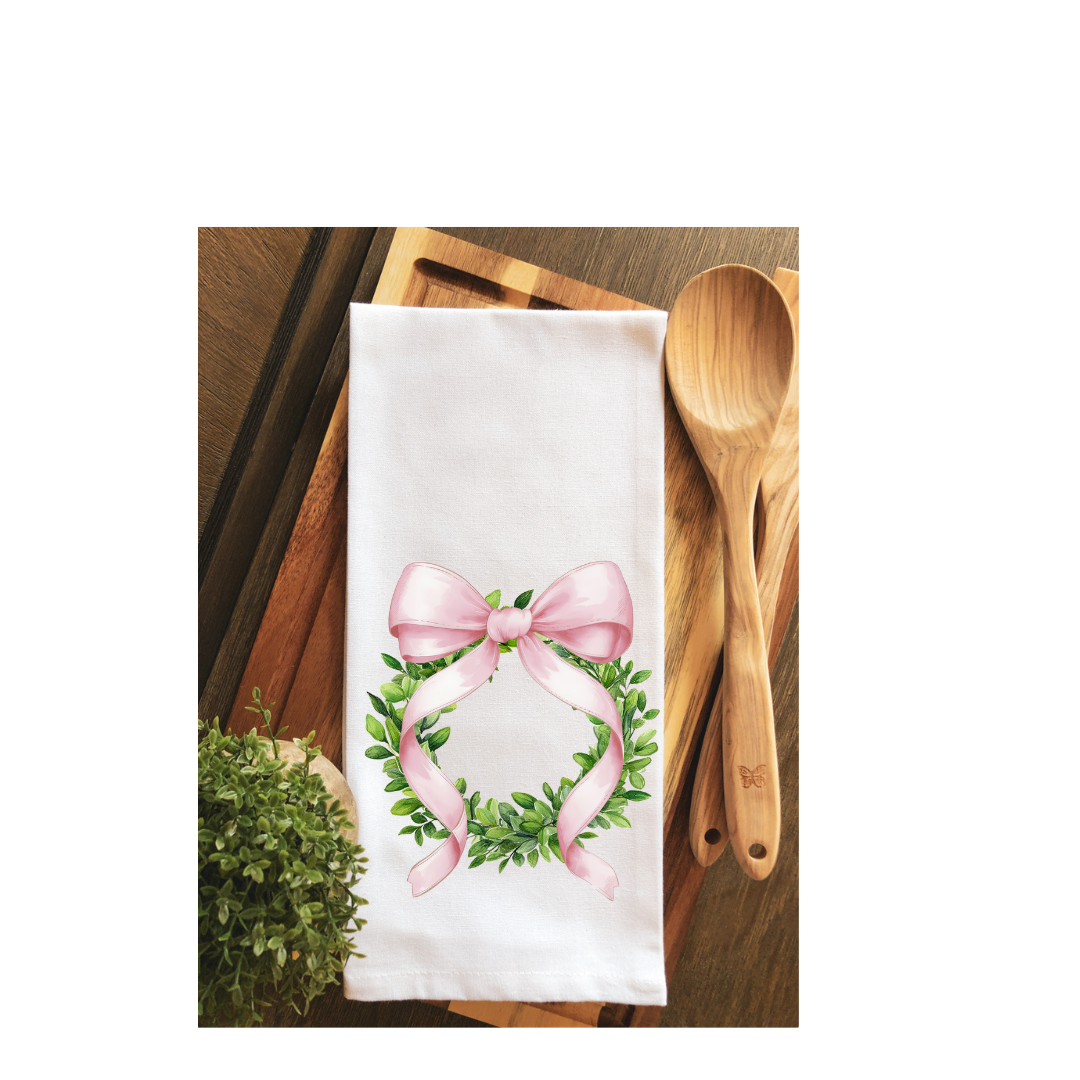 Preppy Pink Coquette Wreath Tea Towel