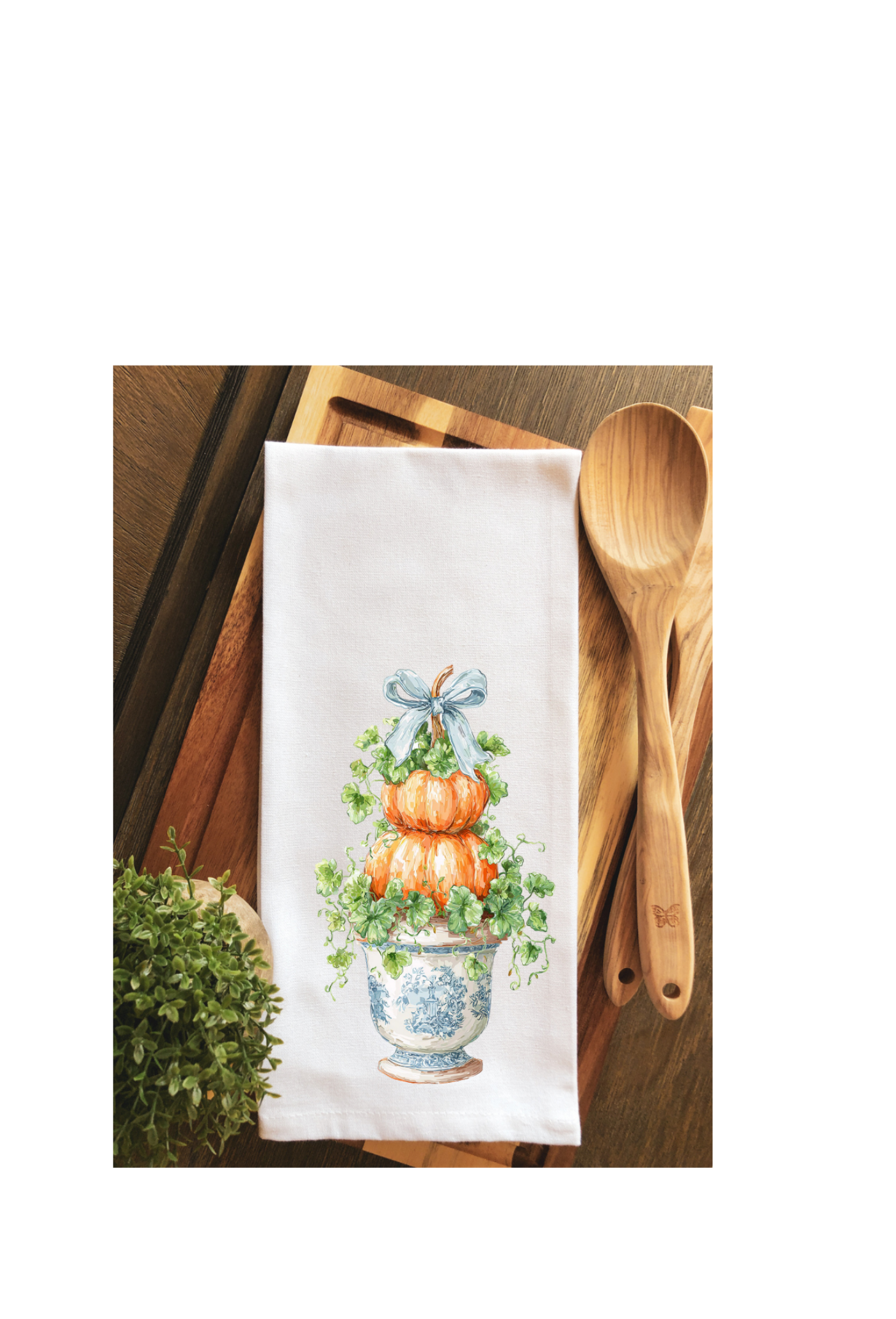 Chinoiserie Fall Floral Pumpkin Topiary Tea Towel
