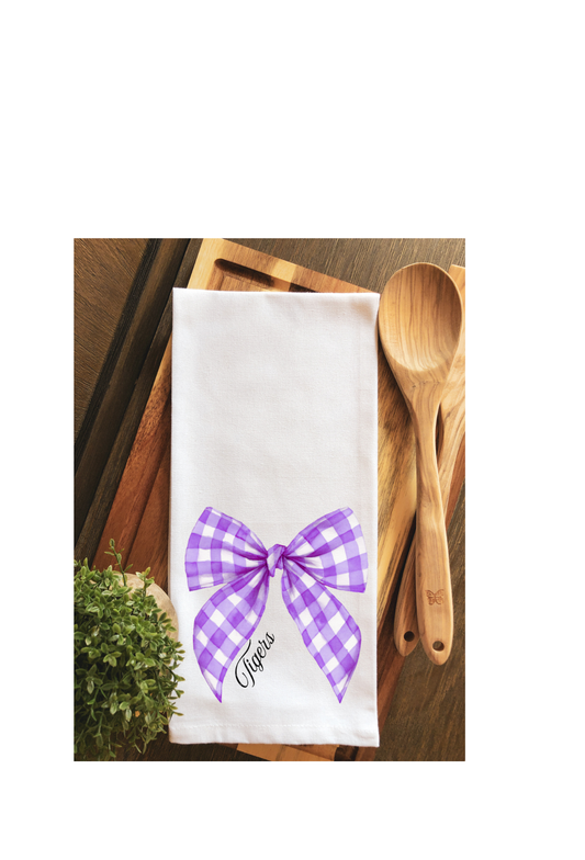 Preppy TIGERS Purple  Gingham Bow Tea Towel