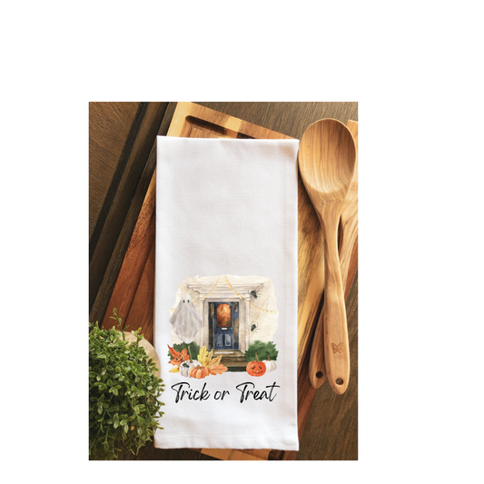 Watercolor Trick or Treat Spooky Front Porch Tea Towel
