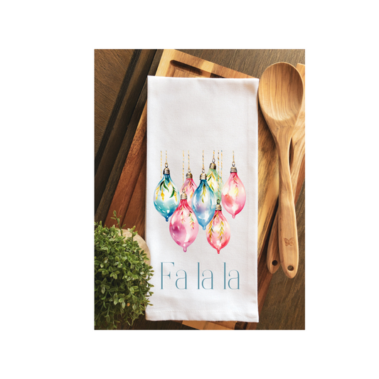 Watercolor Fa La La Christmas Baubles Tea Towel - Hand Towel