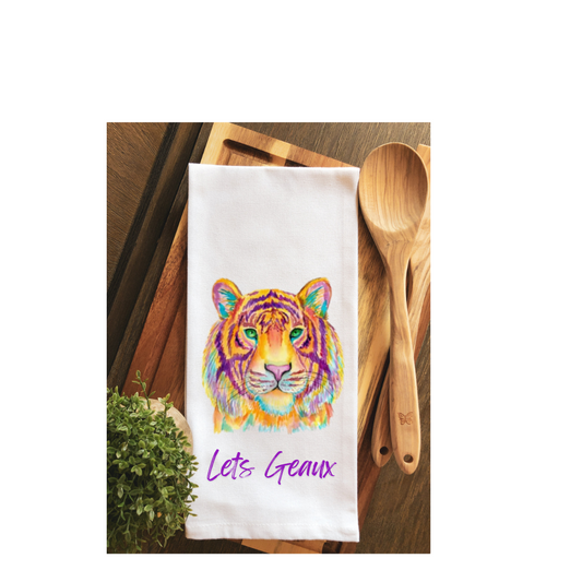 Watercolor LETS GEAUX Tiger Gameday Tea Towel