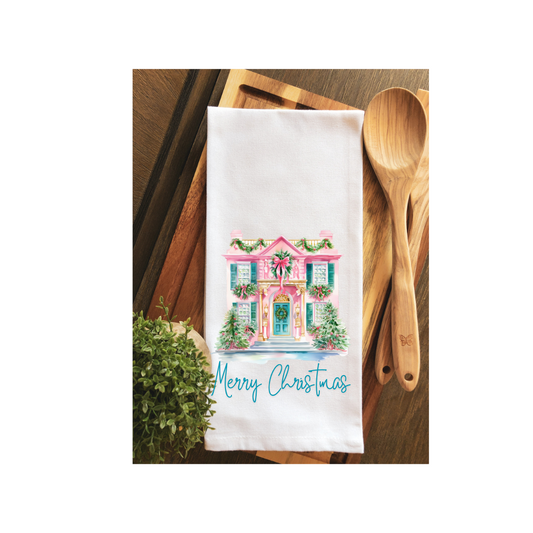 Watercolor Merry Christmas Southern Cottage Tea Towel